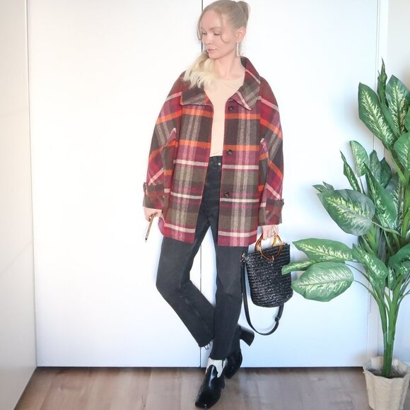 Talbots Multicolor Orange, Burgundy & Brown Wool Plaid Coat Size 16w - Picture 4 of 16